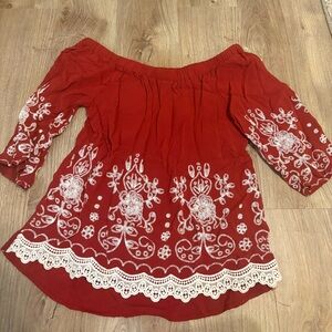 Red Off-Shoulder Embroidered Women's Top